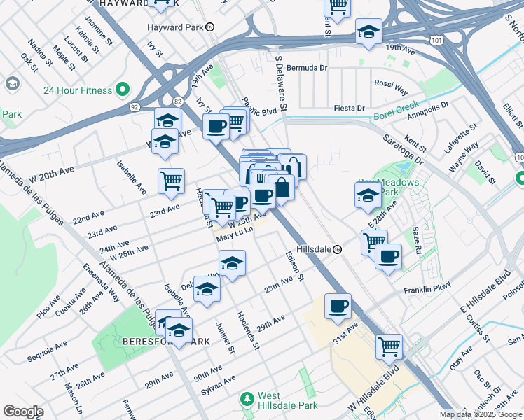 map of restaurants, bars, coffee shops, grocery stores, and more near 17 East 25th Avenue in San Mateo
