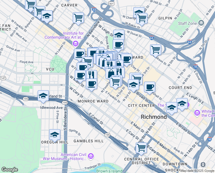 map of restaurants, bars, coffee shops, grocery stores, and more near 11 West Grace Street in Richmond