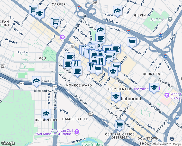 map of restaurants, bars, coffee shops, grocery stores, and more near 11 West Grace Street in Richmond