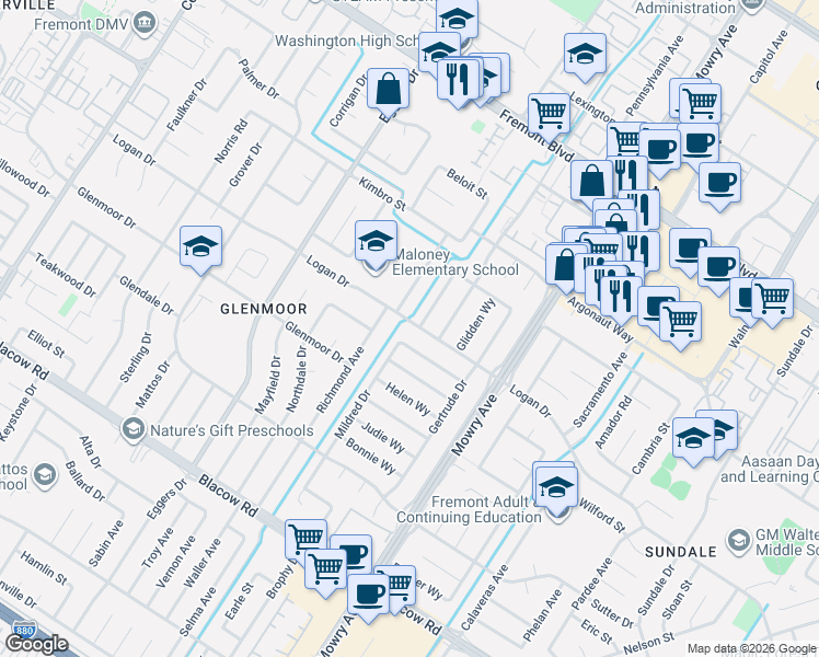 map of restaurants, bars, coffee shops, grocery stores, and more near 4459 Burke Way in Fremont