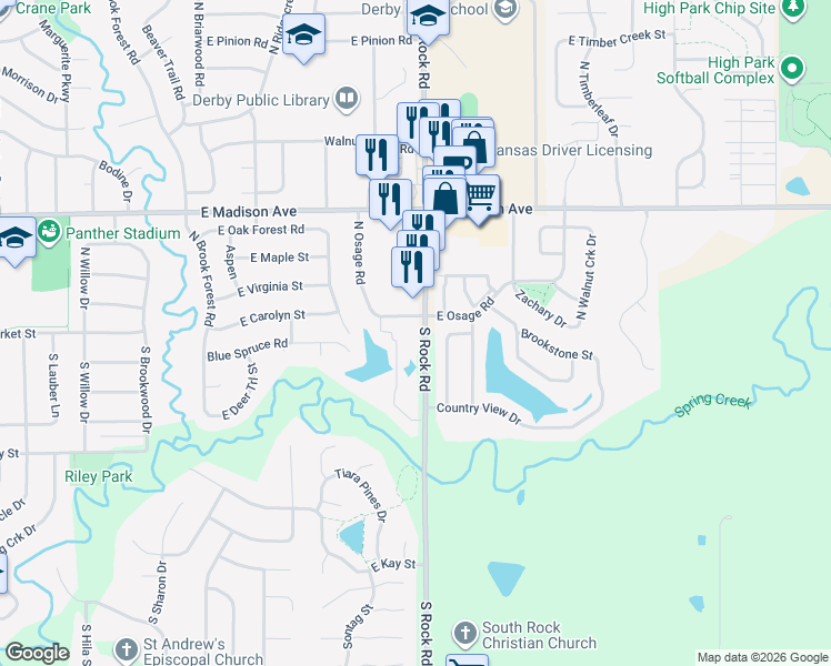 map of restaurants, bars, coffee shops, grocery stores, and more near 101 North Rock Road in Derby