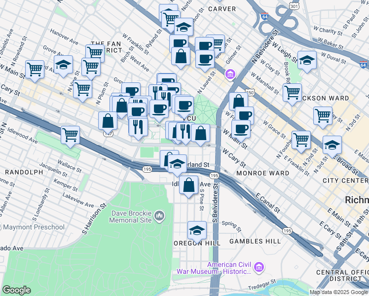 map of restaurants, bars, coffee shops, grocery stores, and more near 805 West Cary Street in Richmond