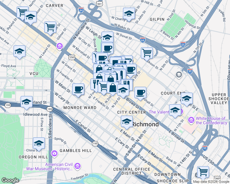 map of restaurants, bars, coffee shops, grocery stores, and more near 112 U.S. 33 in Richmond