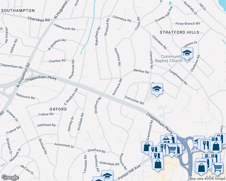 map of restaurants, bars, coffee shops, grocery stores, and more near 3436 Kenmore Road in Richmond