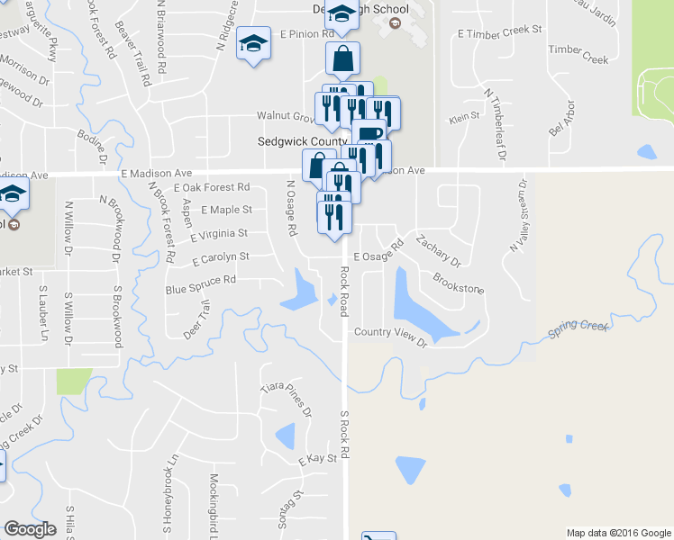 map of restaurants, bars, coffee shops, grocery stores, and more near 101 South Rock Road in Derby