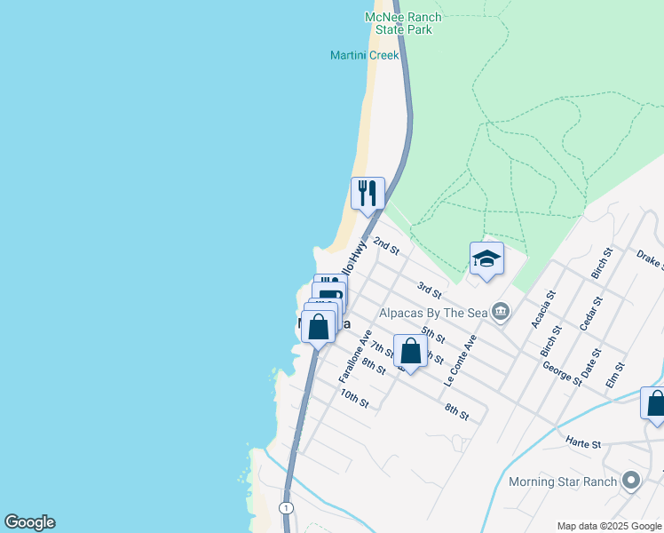map of restaurants, bars, coffee shops, grocery stores, and more near 8200 Cabrillo Highway in Montara