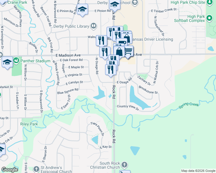 map of restaurants, bars, coffee shops, grocery stores, and more near 101 North Rock Road in Derby