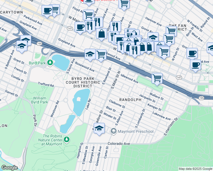 map of restaurants, bars, coffee shops, grocery stores, and more near 2019 Maplewood Avenue in Richmond