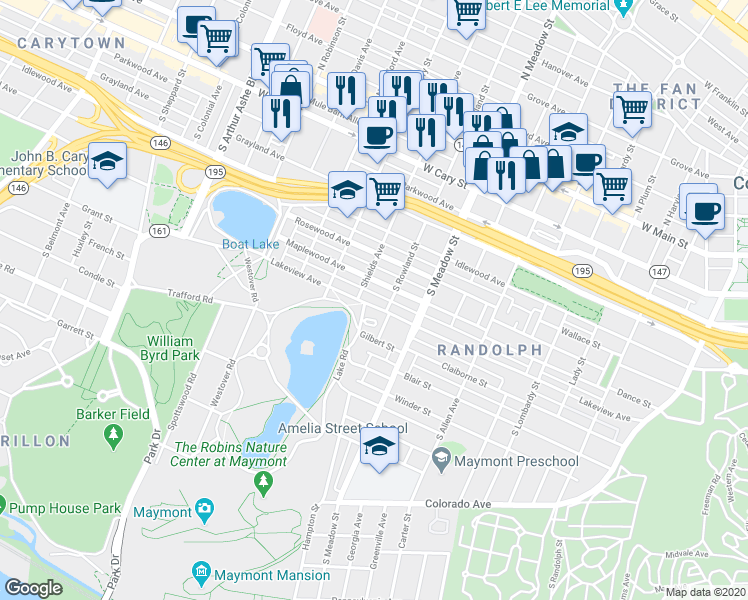map of restaurants, bars, coffee shops, grocery stores, and more near 2116 Lakeview Avenue in Richmond