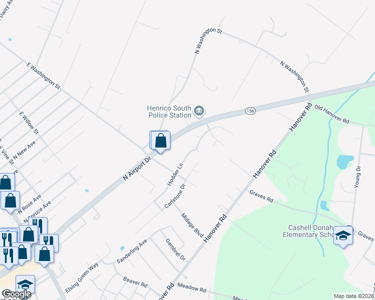 map of restaurants, bars, coffee shops, grocery stores, and more near 621 North Airport Drive in Highland Springs