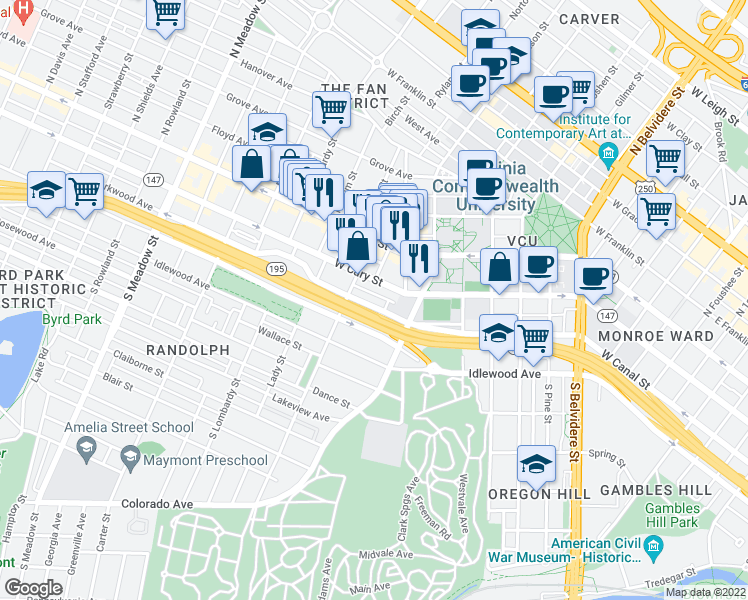 map of restaurants, bars, coffee shops, grocery stores, and more near 1250 Parkwood Avenue in Richmond