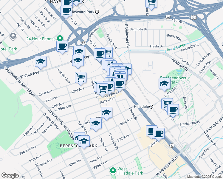 map of restaurants, bars, coffee shops, grocery stores, and more near 20 24th Avenue in San Mateo