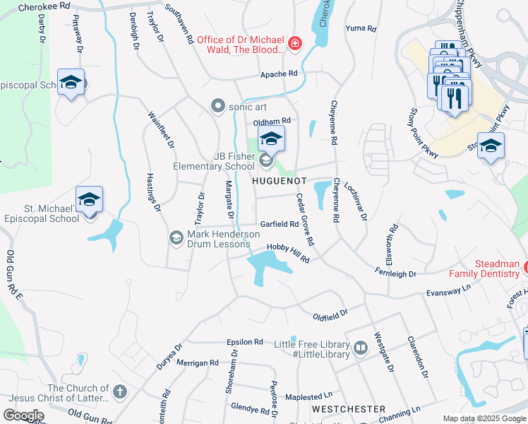 map of restaurants, bars, coffee shops, grocery stores, and more near 10155 Merrimac Road in Richmond