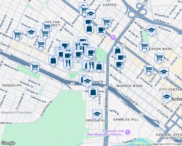 map of restaurants, bars, coffee shops, grocery stores, and more near 805 West Cary Street in Richmond