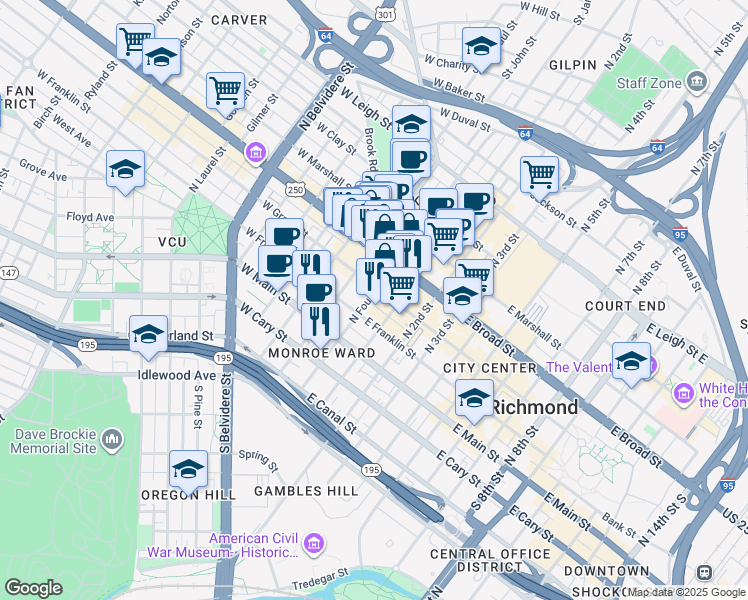 map of restaurants, bars, coffee shops, grocery stores, and more near 11 West Grace Street in Richmond