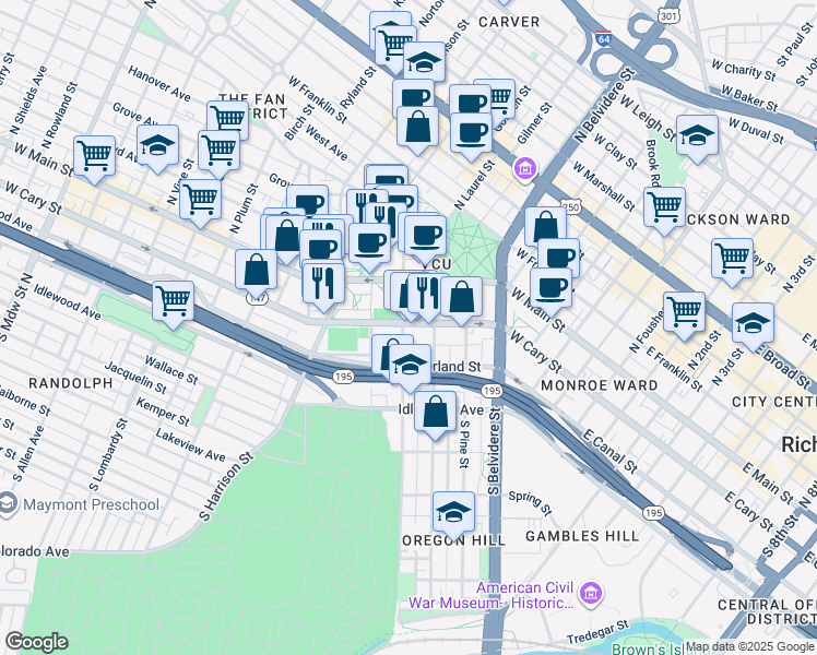 map of restaurants, bars, coffee shops, grocery stores, and more near 821 West Cary Street in Richmond