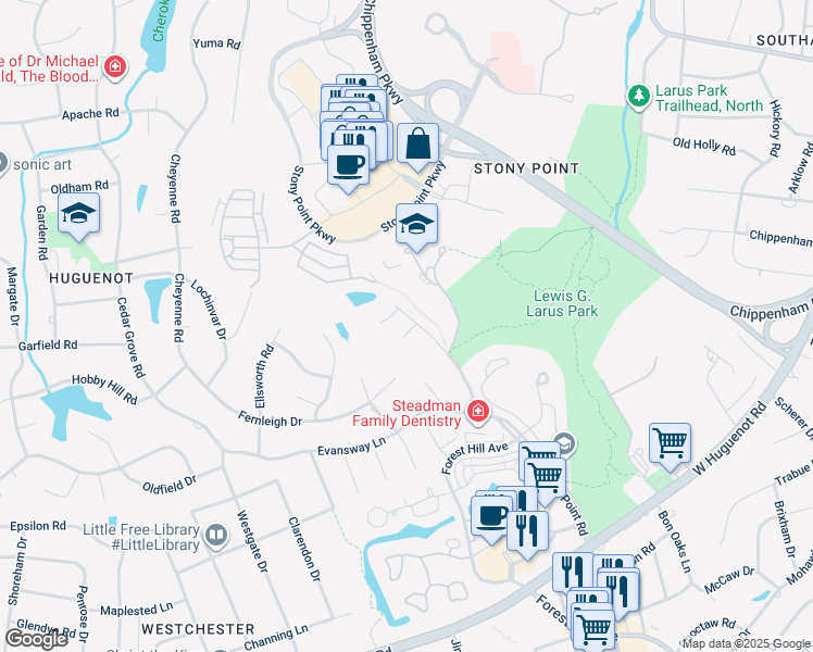 map of restaurants, bars, coffee shops, grocery stores, and more near 9300 Larus Court in Richmond
