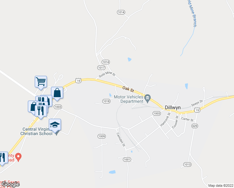 map of restaurants, bars, coffee shops, grocery stores, and more near State Route 1015 in Dillwyn