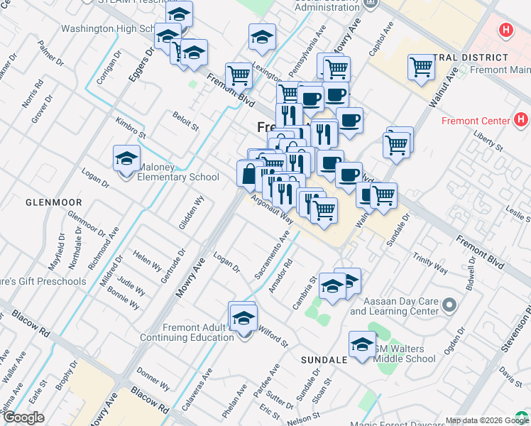map of restaurants, bars, coffee shops, grocery stores, and more near 39116 Argonaut Way in Fremont