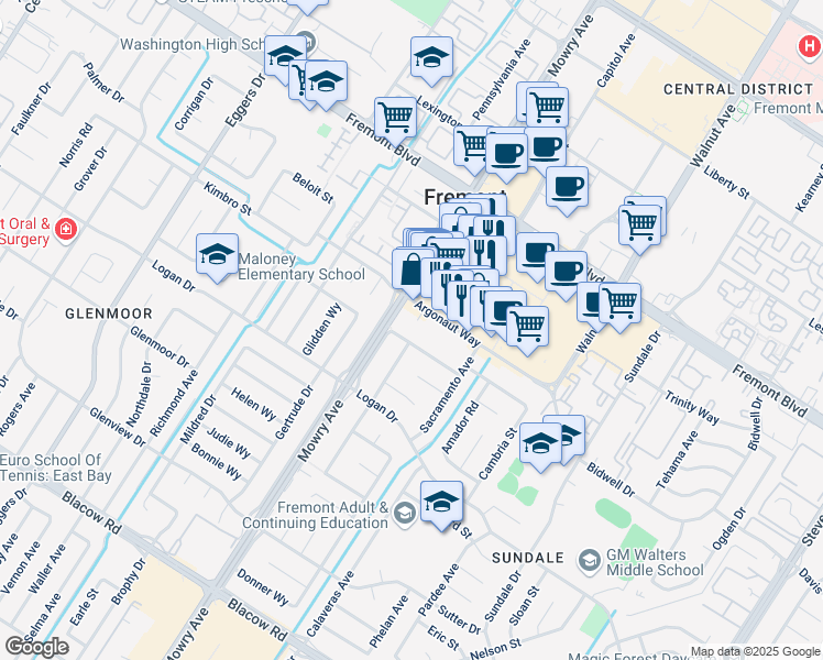 map of restaurants, bars, coffee shops, grocery stores, and more near 4200 Mowry Avenue in Fremont