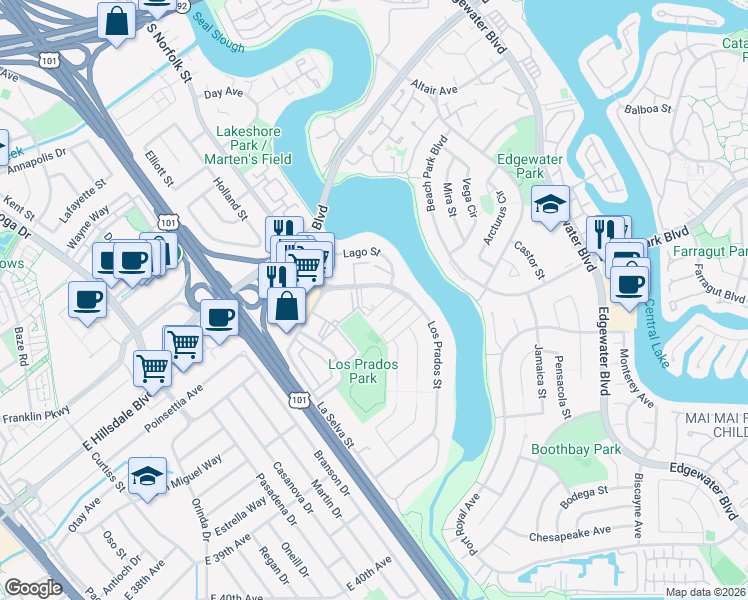 map of restaurants, bars, coffee shops, grocery stores, and more near 3077 Los Prados Street in San Mateo