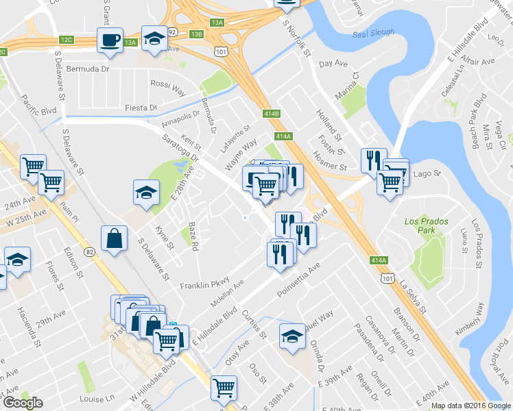 map of restaurants, bars, coffee shops, grocery stores, and more near 970 Park Place in San Mateo