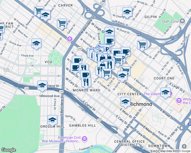 map of restaurants, bars, coffee shops, grocery stores, and more near 11 West Grace Street in Richmond