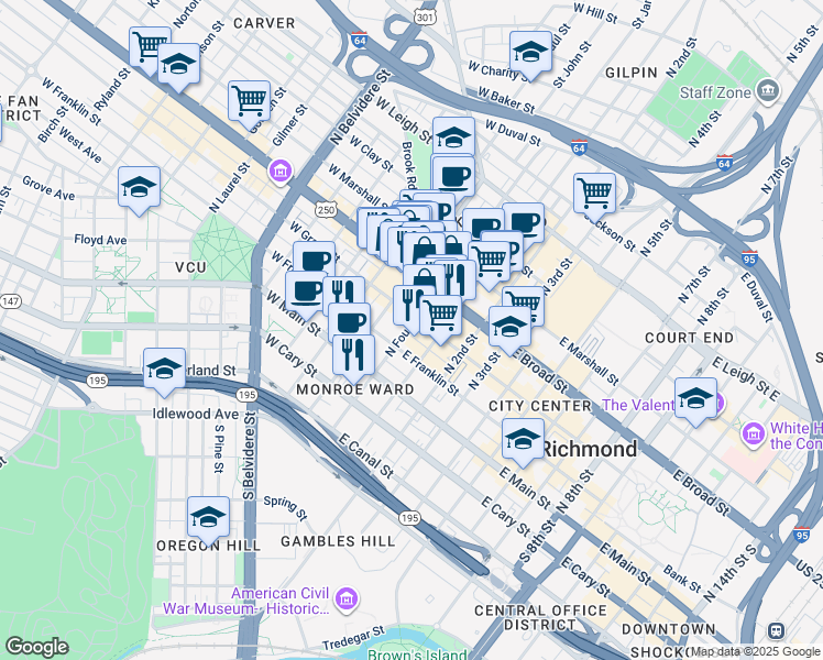 map of restaurants, bars, coffee shops, grocery stores, and more near 11 West Grace Street in Richmond