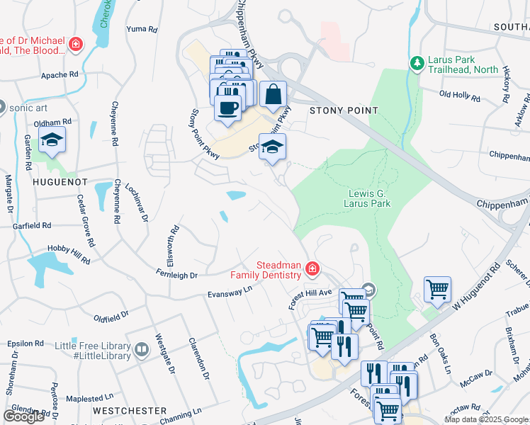 map of restaurants, bars, coffee shops, grocery stores, and more near 9300 Larus Court in Richmond