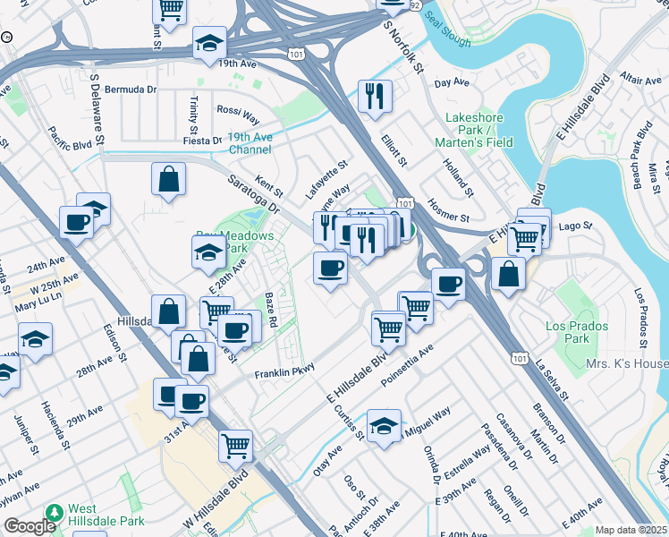 map of restaurants, bars, coffee shops, grocery stores, and more near 970 Park Place in San Mateo