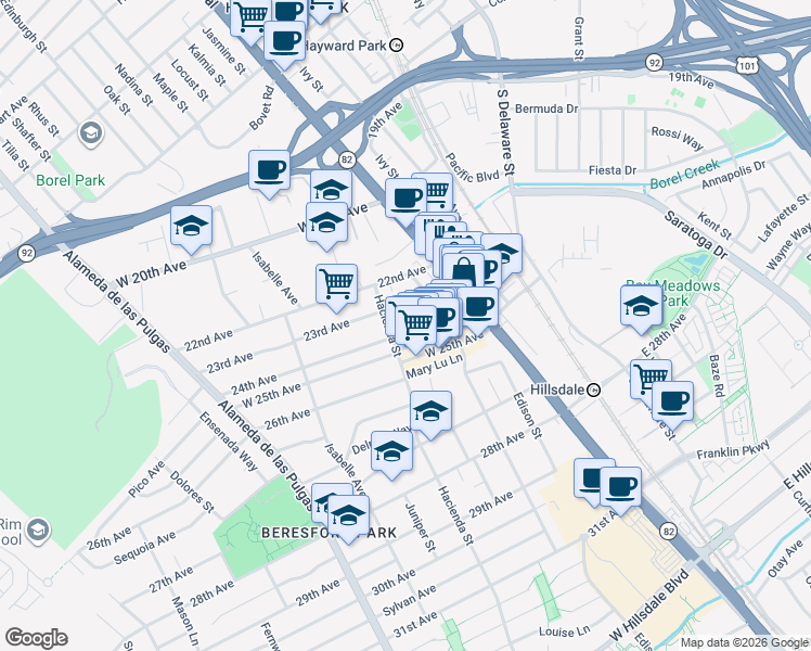 map of restaurants, bars, coffee shops, grocery stores, and more near in San Mateo