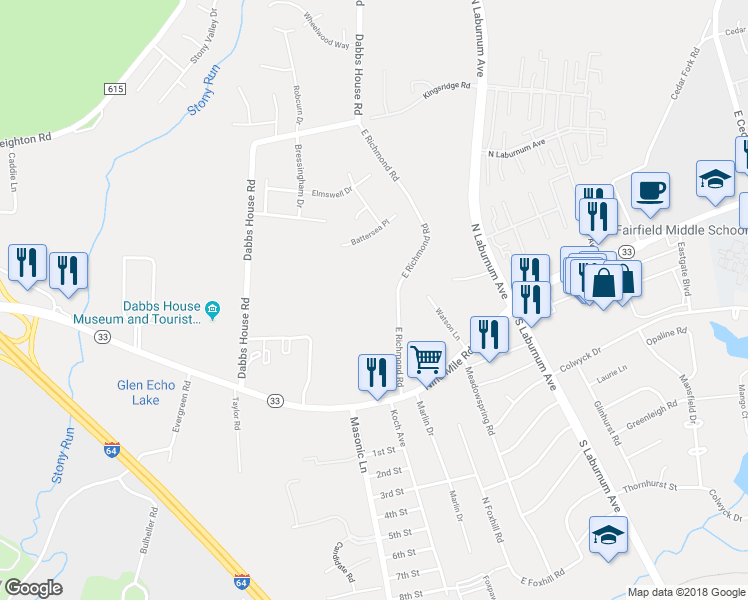 map of restaurants, bars, coffee shops, grocery stores, and more near 258 East Richmond Road in Richmond