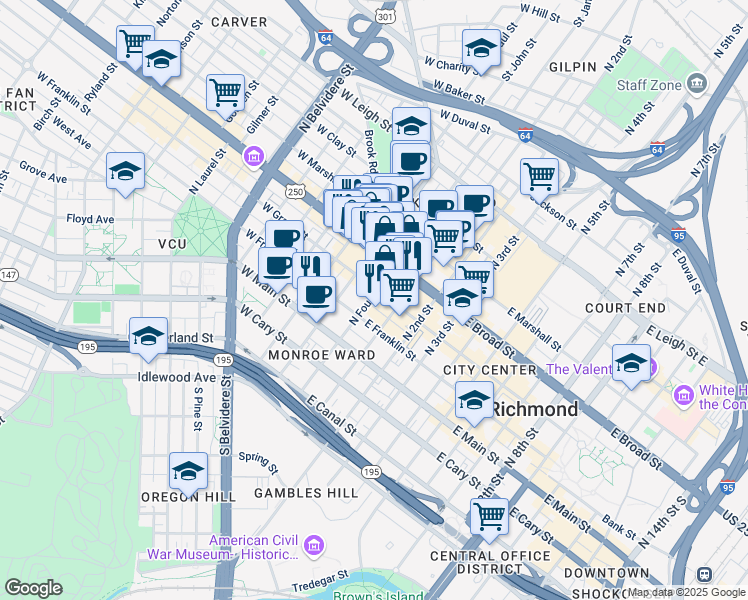 map of restaurants, bars, coffee shops, grocery stores, and more near 11 West Grace Street in Richmond