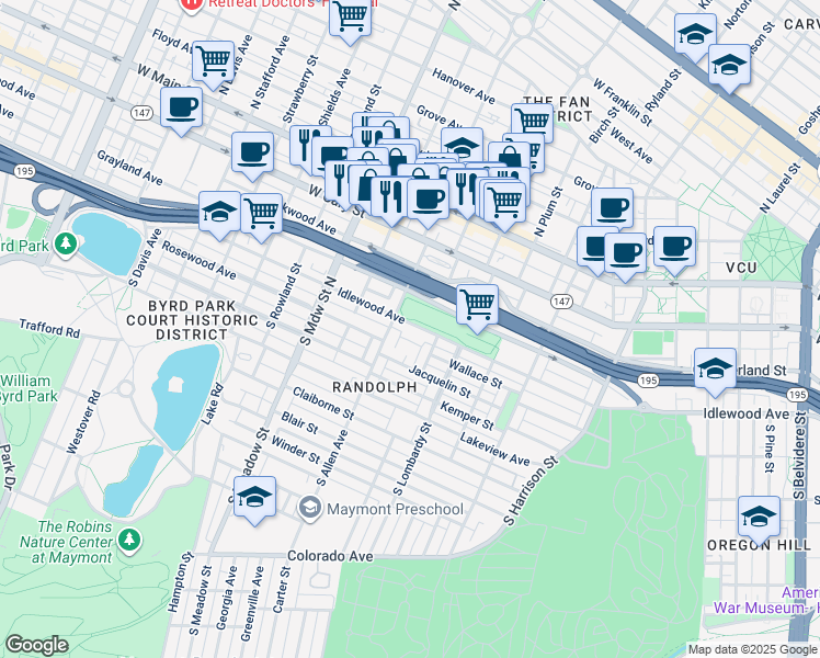 map of restaurants, bars, coffee shops, grocery stores, and more near 1711 Idlewood Avenue in Richmond