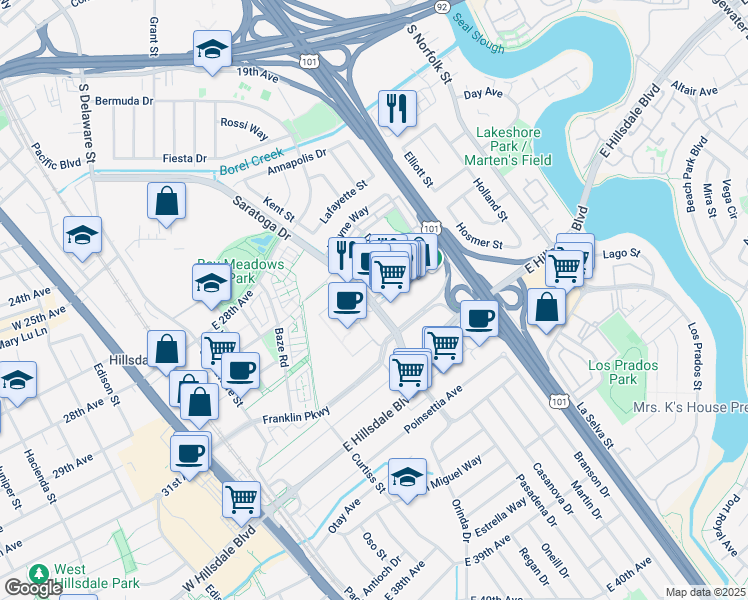 map of restaurants, bars, coffee shops, grocery stores, and more near Saratoga Drive & Park Place in San Mateo