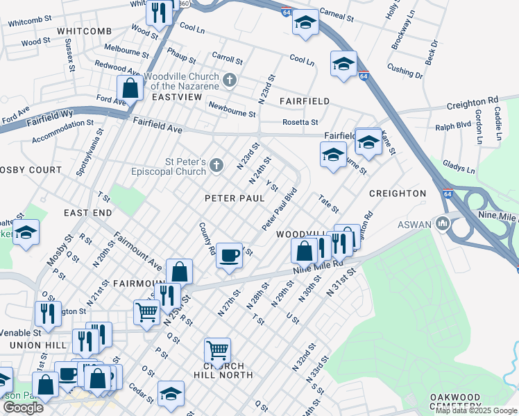 map of restaurants, bars, coffee shops, grocery stores, and more near 1713 North 25th Street in Richmond