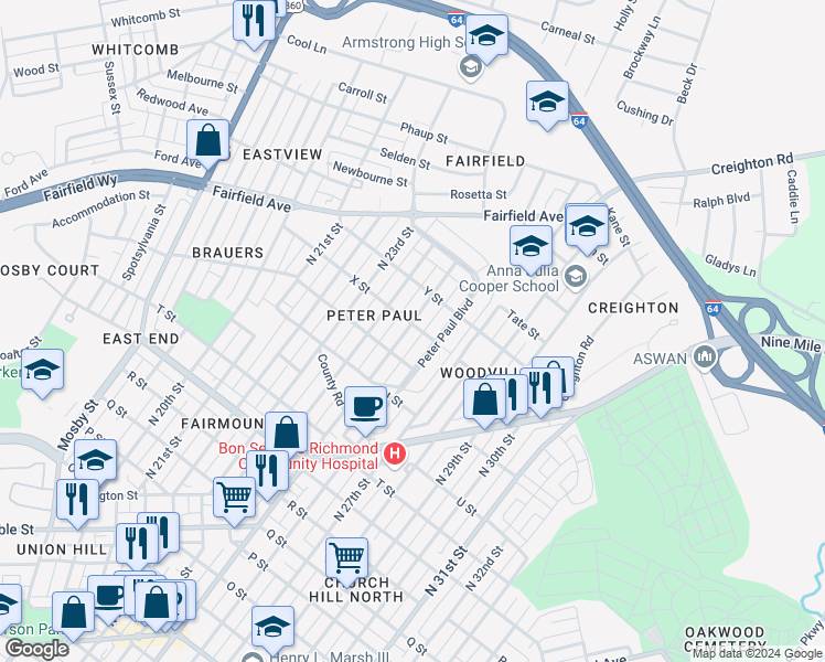 map of restaurants, bars, coffee shops, grocery stores, and more near 1713 North 25th Street in Richmond