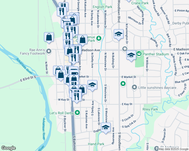 map of restaurants, bars, coffee shops, grocery stores, and more near 208 North Derby Avenue in Derby