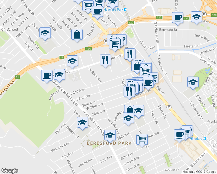 map of restaurants, bars, coffee shops, grocery stores, and more near 312 23rd Avenue in San Mateo