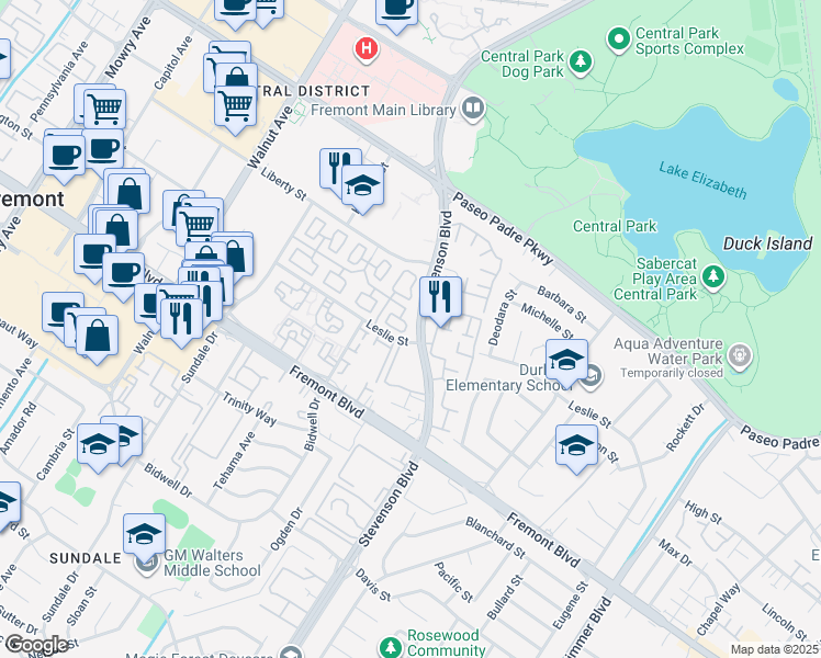 map of restaurants, bars, coffee shops, grocery stores, and more near 3657 Dickenson Common in Fremont