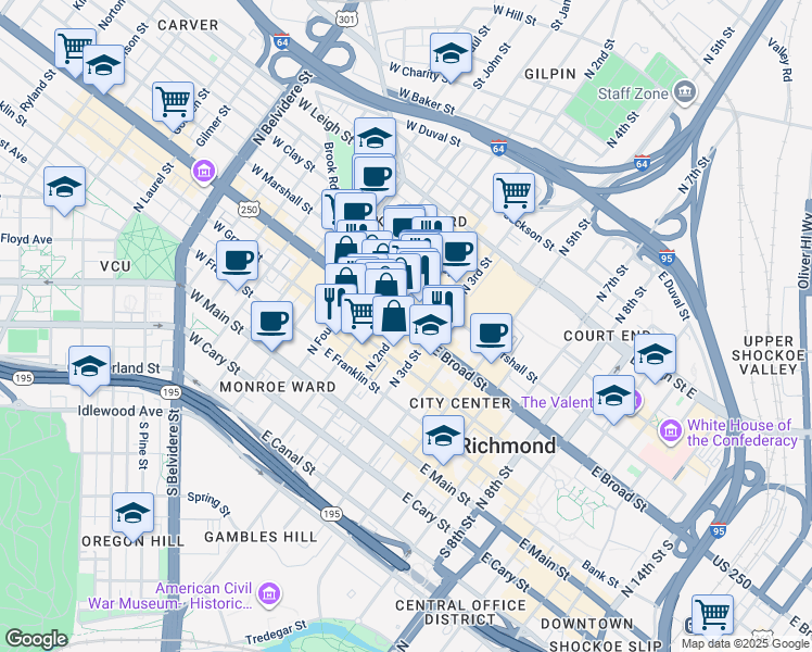 map of restaurants, bars, coffee shops, grocery stores, and more near 219 East Broad Street in Richmond