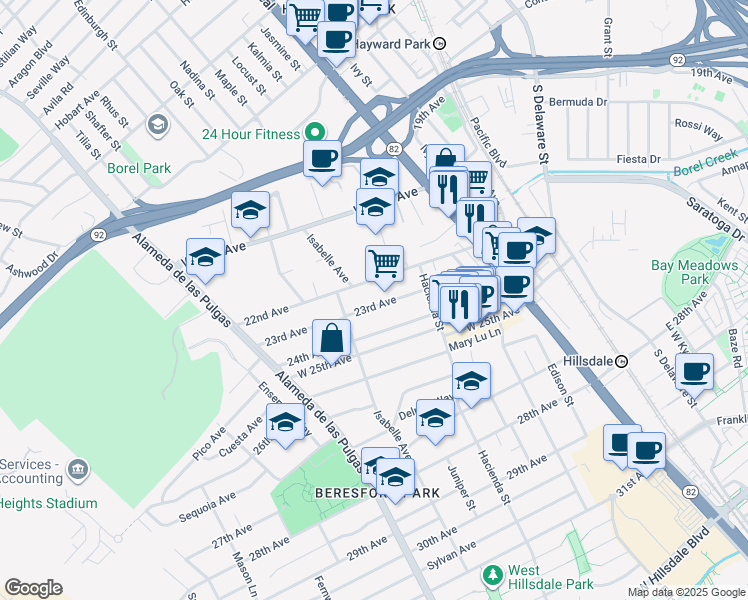map of restaurants, bars, coffee shops, grocery stores, and more near 312 23rd Avenue in San Mateo