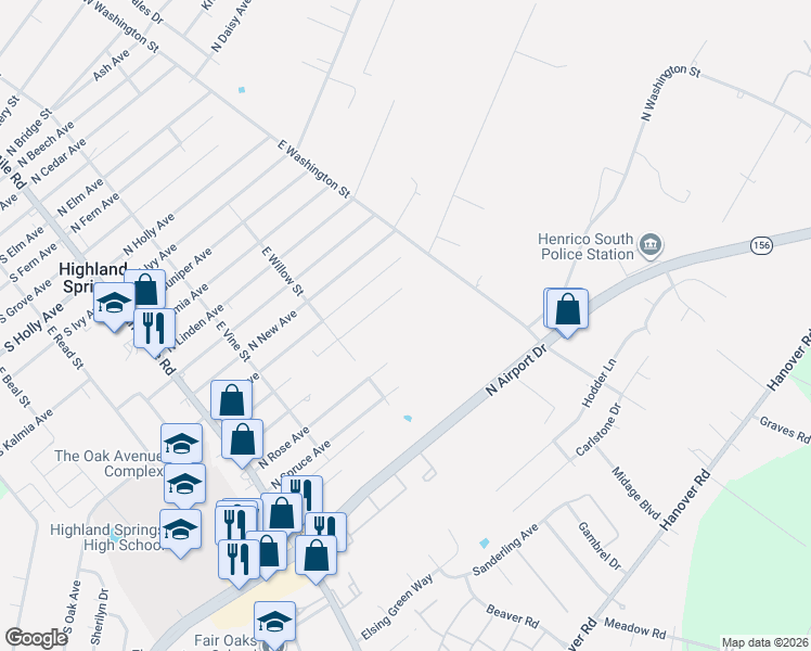 map of restaurants, bars, coffee shops, grocery stores, and more near 225 North Quince Avenue in Highland Springs