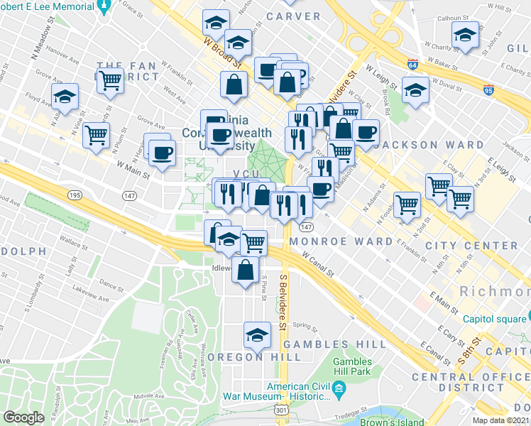map of restaurants, bars, coffee shops, grocery stores, and more near W Cary St & S Pine St in Richmond