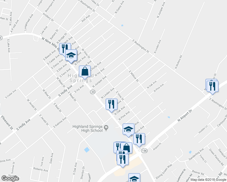 map of restaurants, bars, coffee shops, grocery stores, and more near 21 North Linden Avenue in Henrico