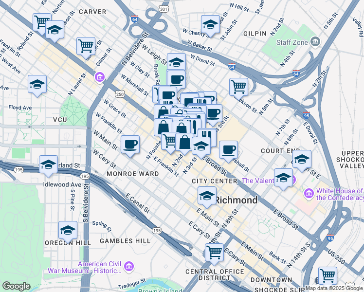 map of restaurants, bars, coffee shops, grocery stores, and more near 115 W Broad St in Richmond