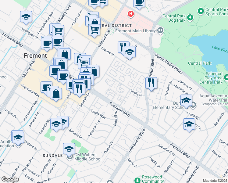 map of restaurants, bars, coffee shops, grocery stores, and more near 34 Leslie Street in Fremont