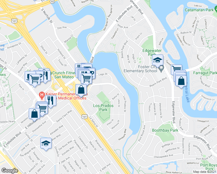 map of restaurants, bars, coffee shops, grocery stores, and more near 3077 Los Prados Street in San Mateo