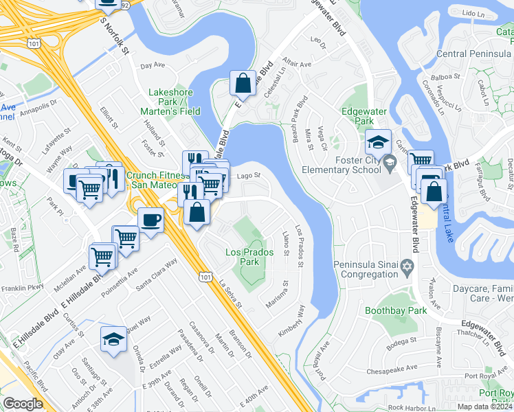 map of restaurants, bars, coffee shops, grocery stores, and more near 3077 Los Prados Street in San Mateo