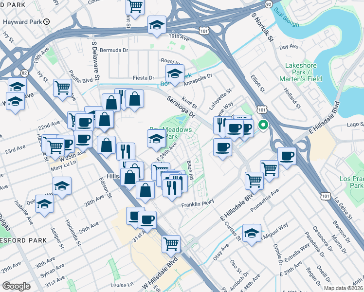 map of restaurants, bars, coffee shops, grocery stores, and more near 388 East 28th Avenue in San Mateo